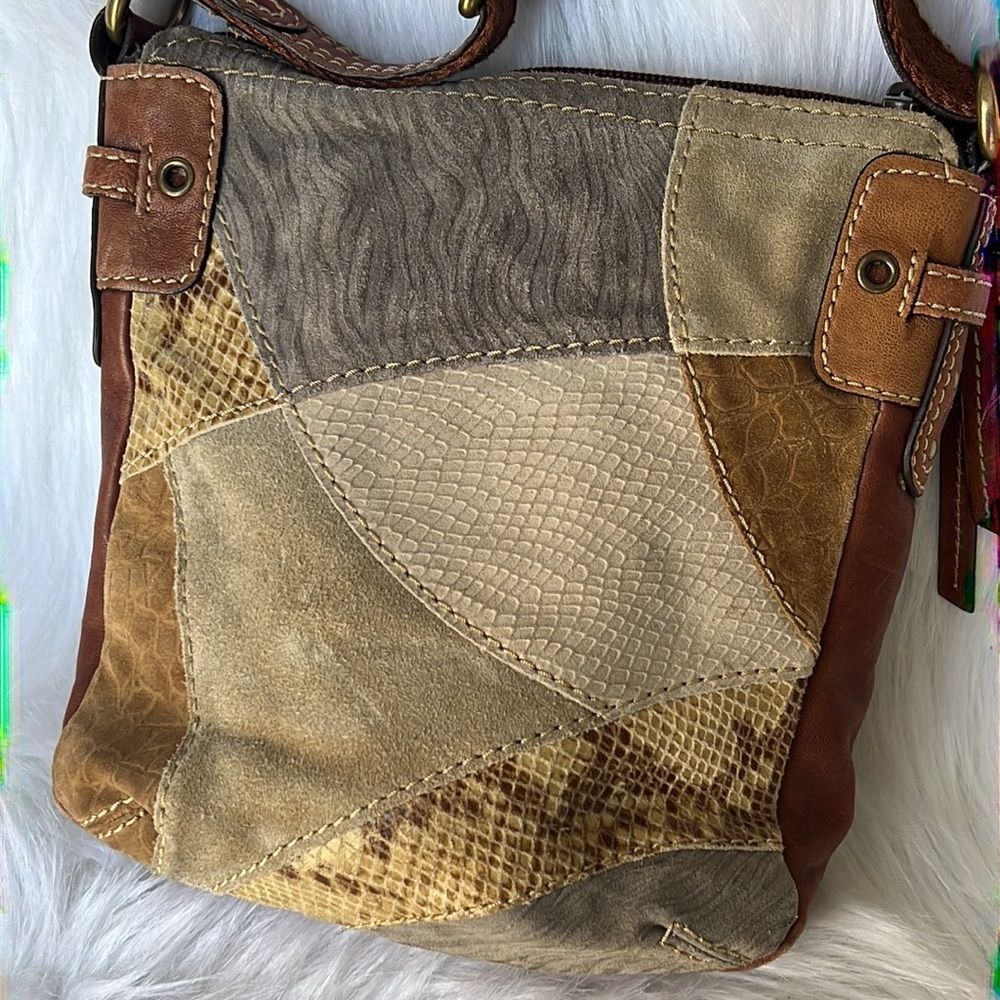 Fossil Brown Beige Leather Patchwork Crossbody Pu… - image 7
